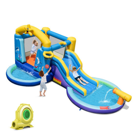 Inflatable Ocean-Themed Bounce House with 680W Blower and 2 Pools W2B