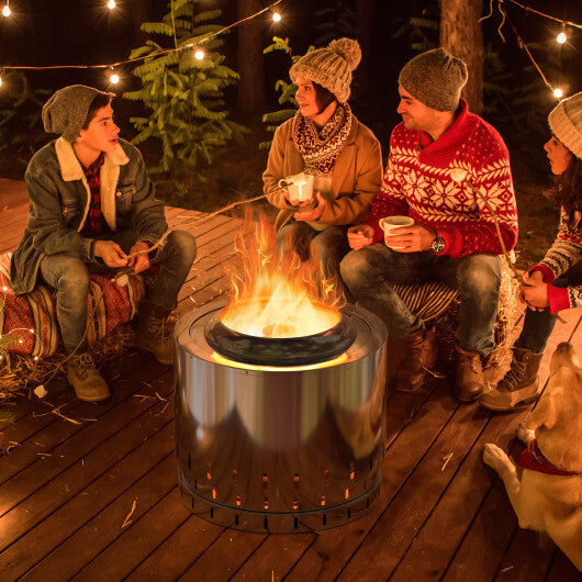 Smokeless Stainless Steel Fire Pit with Ash Pan for Yard Camping-Silver