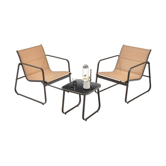 3 Pieces Patio Conversation Set with Breathable Fabric and Tabletop-Brown W2B
