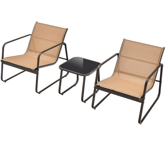 3 Pieces Patio Conversation Set with Breathable Fabric and Tabletop-Brown W2B