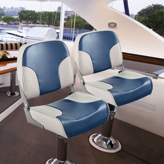 2 Pieces Low Back Boat Seat Set with Sponge Padding and Aluminum Hinges-Blue W2B