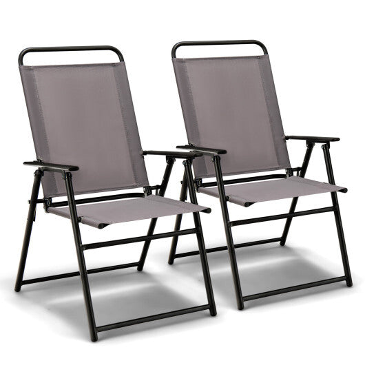 Set of 2 Outdoor Folding Sling Chairs with Armrest and Backrest-Gray