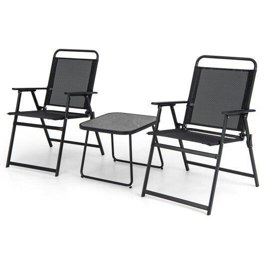 3 Pieces Patio Folding Conversation Chairs and Table-Black W2B
