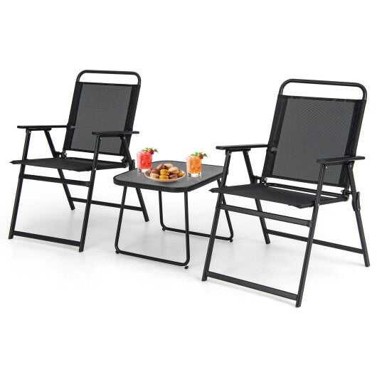 3 Pieces Patio Folding Conversation Chairs and Table-Black W2B