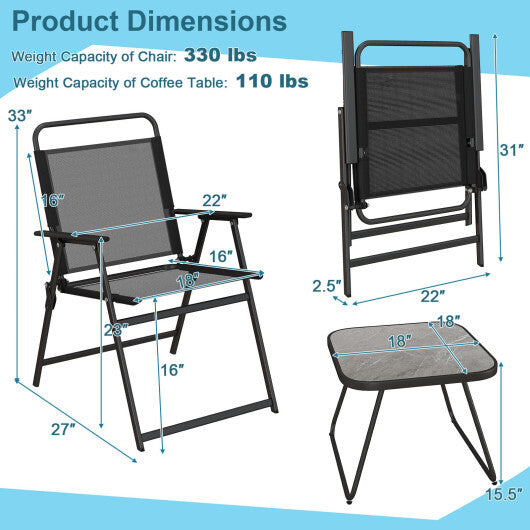 3 Pieces Patio Folding Conversation Chairs and Table-Black W2B