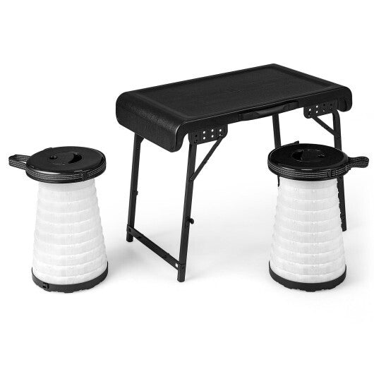 3 Pieces Folding Camping Table Stool Set with 2 Retractable LED Stools-Black W2B