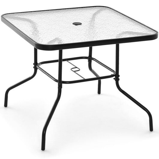 34 Inch Outdoor Dining Table Square Tempered Glass Table with 1.5 Inch Umbrella Hole-Black W2B