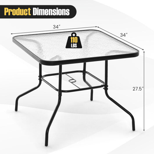 34 Inch Outdoor Dining Table Square Tempered Glass Table with 1.5 Inch Umbrella Hole-Black W2B