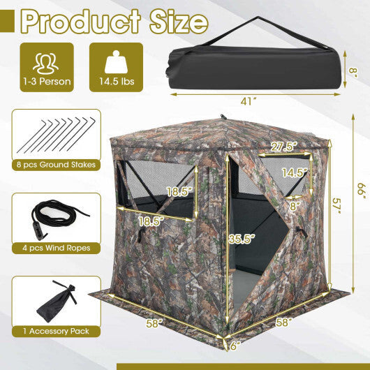 2-3 Person Hunting Blind Portable Pop Up Ground Tent with Carry Bag and Storage Pocket W2B