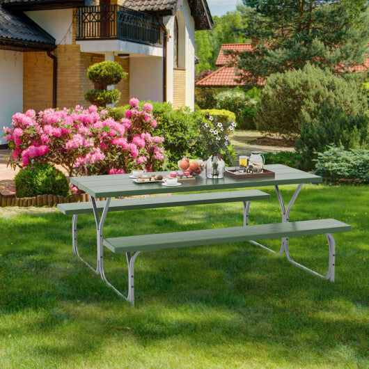 6 FT Picnic Table Bench Set Dining Table and 2 Benches with Metal Frame and HDPE Tabletop-White