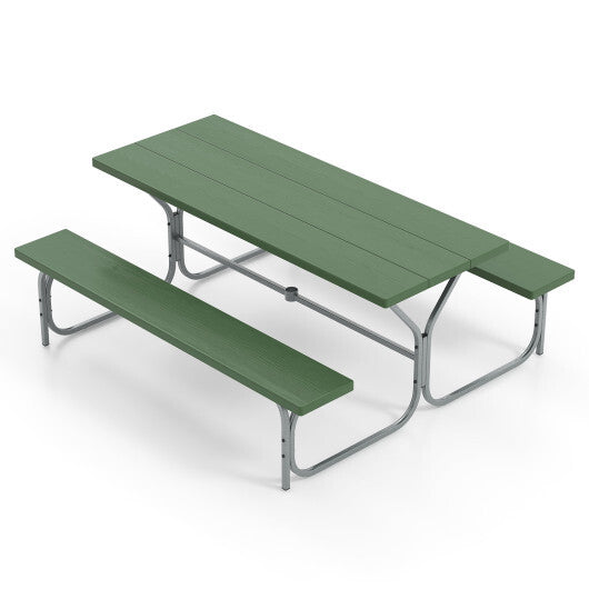 6 FT Picnic Table Bench Set Dining Table and 2 Benches with Metal Frame and HDPE Tabletop-White