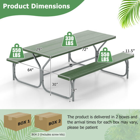 6 FT Picnic Table Bench Set Dining Table and 2 Benches with Metal Frame and HDPE Tabletop-White