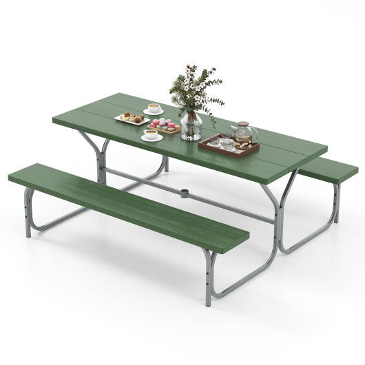 6 FT Picnic Table Bench Set Dining Table and 2 Benches with Metal Frame and HDPE Tabletop-White