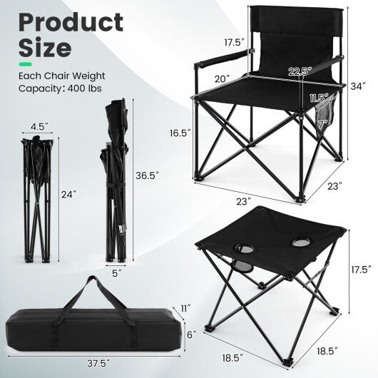 Outdoor Folding Camping Chairs and Table Set with Carrying Bag-Black W2B