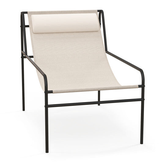 Patio Sling Lounge Chair with Removable Headrest Pillow and Metal Frame-Beige