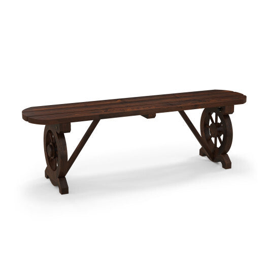 Patio Rustic Wood Bench with Wagon Wheel Base W2B
