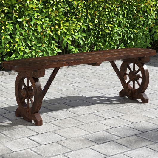 Patio Rustic Wood Bench with Wagon Wheel Base W2B