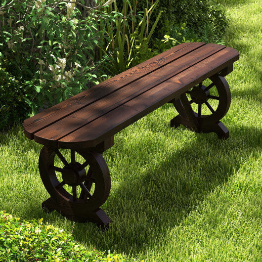 Patio Rustic Wood Bench with Wagon Wheel Base W2B