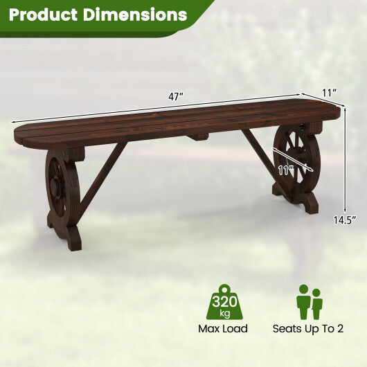 Patio Rustic Wood Bench with Wagon Wheel Base W2B