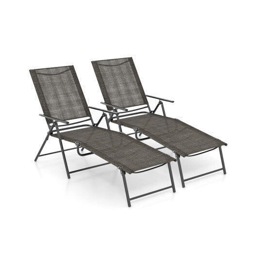 2 Piece Patio Folding Chaise Lounge Chairs Recliner with 6-Level Backrest-Coffee W2B