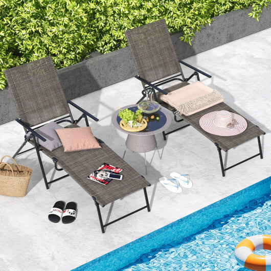 2 Piece Patio Folding Chaise Lounge Chairs Recliner with 6-Level Backrest-Coffee W2B