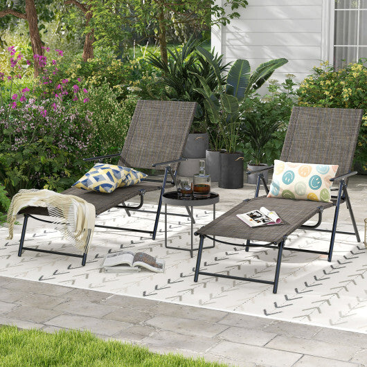 2 Piece Patio Folding Chaise Lounge Chairs Recliner with 6-Level Backrest-Coffee W2B
