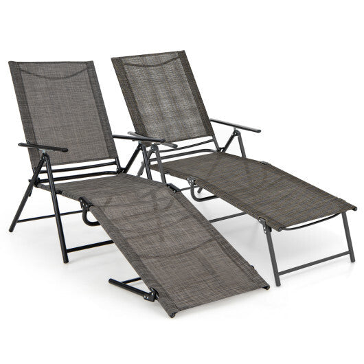 2 Piece Patio Folding Chaise Lounge Chairs Recliner with 6-Level Backrest-Coffee W2B