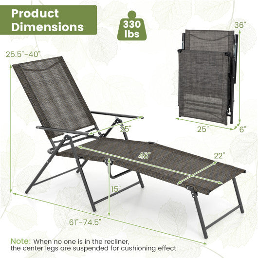 2 Piece Patio Folding Chaise Lounge Chairs Recliner with 6-Level Backrest-Coffee W2B