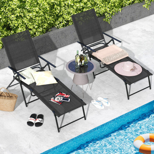 2 Piece Patio Folding Chaise Lounge Chairs Recliner with 6-Level Backrest-Coffee W2B