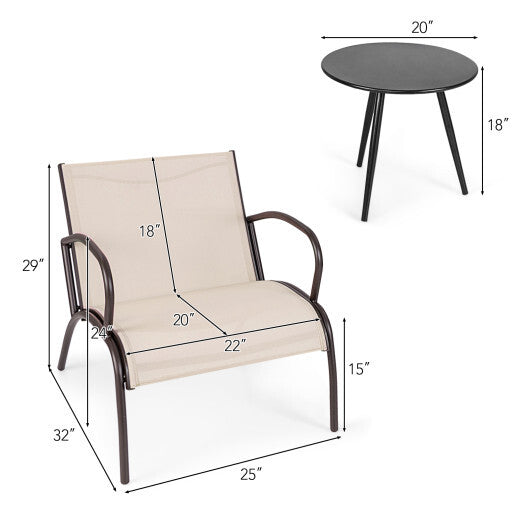 3 Piece Patio Metal Aluminum Wide Armchair and Table Set-Rusic Brown W2B