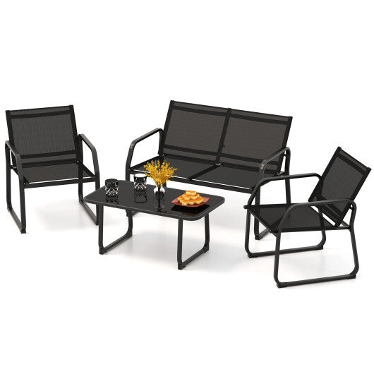4 Pieces Patio Conversation Set with Breathable Fabric Seat and Tempered Glass Tabletop-Black