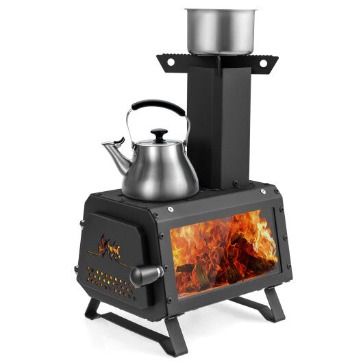 Patented Portable Wood Camping Burning Stove Heater Tabletop Fire Pit with 2 Cooking Positions W2B