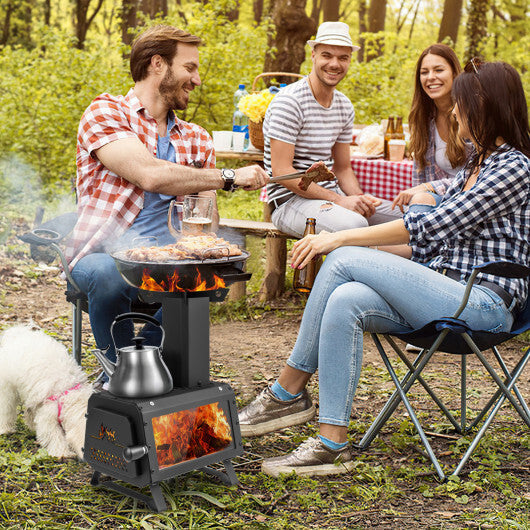 Patented Portable Wood Camping Burning Stove Heater Tabletop Fire Pit with 2 Cooking Positions W2B