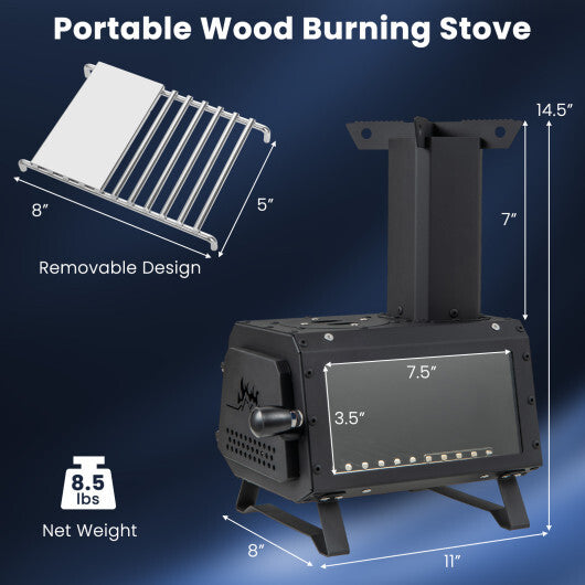 Patented Portable Wood Camping Burning Stove Heater Tabletop Fire Pit with 2 Cooking Positions W2B