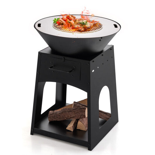 Patio Fire Pit with Firewood Log Rack with Grill and Ash Box-Black W2B
