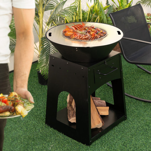 Patio Fire Pit with Firewood Log Rack with Grill and Ash Box-Black W2B