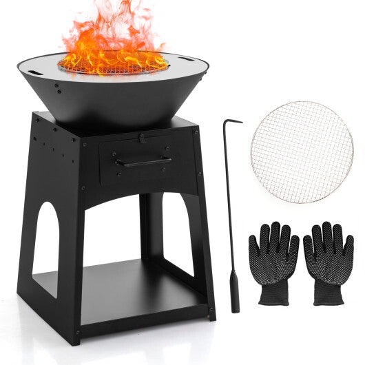 Patio Fire Pit with Firewood Log Rack with Grill and Ash Box-Black W2B
