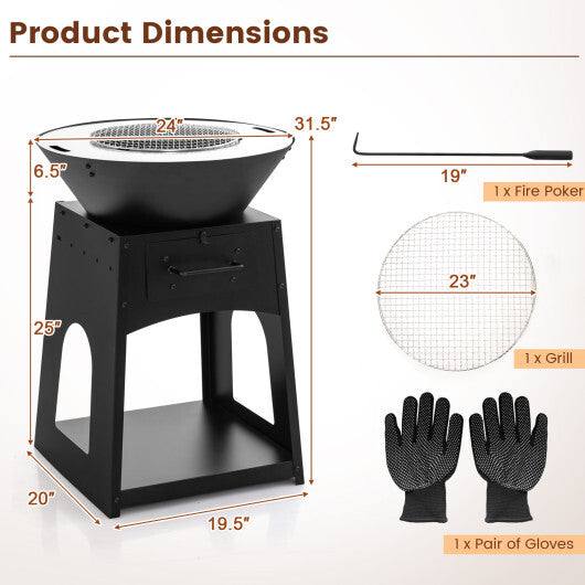 Patio Fire Pit with Firewood Log Rack with Grill and Ash Box-Black W2B