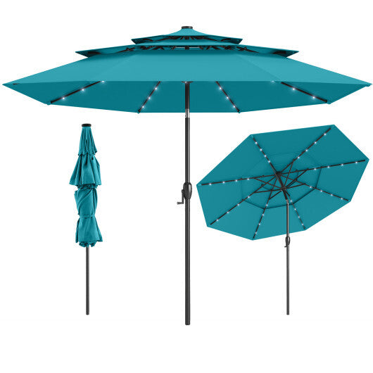 10 Feet Solar Patio Umbrella with 32 LED Lights 3-Tier Vented Top-Turquoise W2B