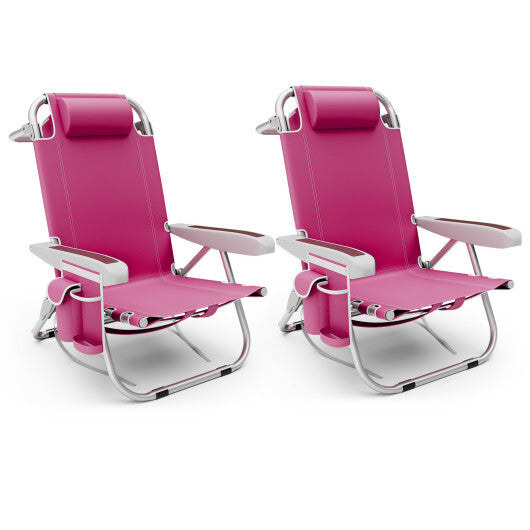 Foldable Backpack Beach Chair with Cup Holder and Storage Pockets Set of 2-Pink