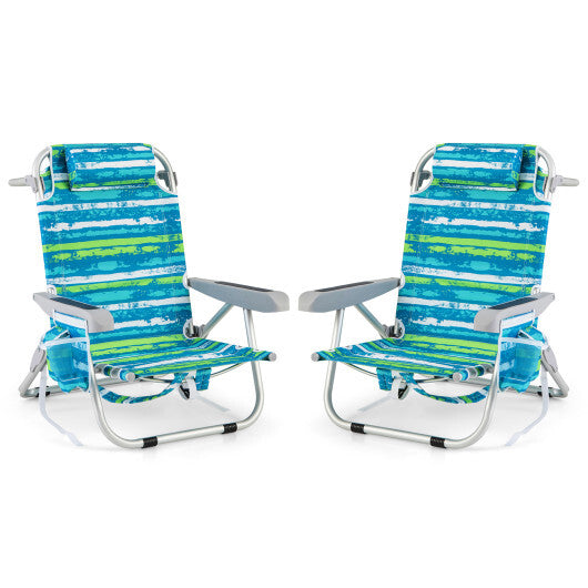 Foldable Backpack Beach Chair with Cup Holder and Storage Pockets Set of 2-Pink