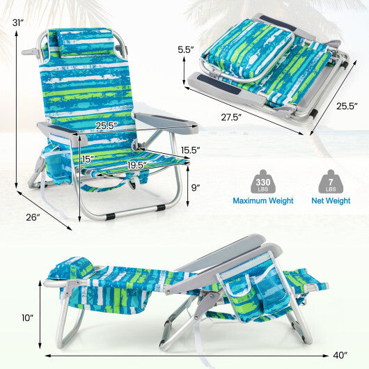 Foldable Backpack Beach Chair with Cup Holder and Storage Pockets Set of 2-Pink