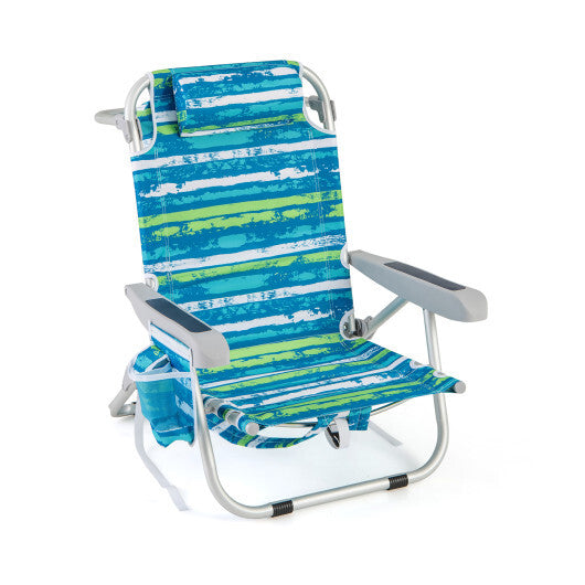 1 Piece Foldable Backpack Beach Chair with Cup Holder and Storage Pockets for Outdoor-Navy W2B