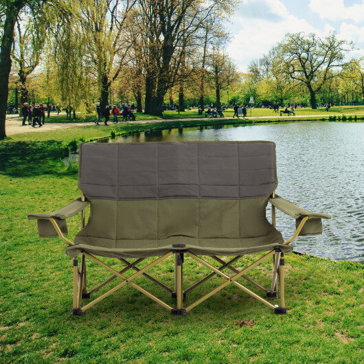 Oversized Camping Chair Folding Loveseat Camping Couch with Cup Holders & Thick Padding-Green W2B
