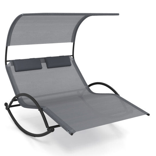 Outdoor Dual Rocker Sunbed 2-Person Canopied Patio Lounger with Detachable Headrests-Gray W2B