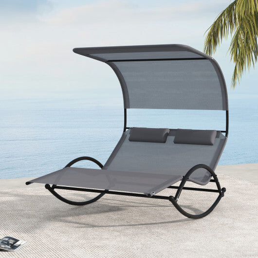 Outdoor Dual Rocker Sunbed 2-Person Canopied Patio Lounger with Detachable Headrests-Gray W2B