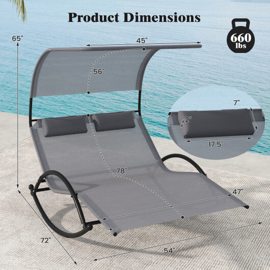 Outdoor Dual Rocker Sunbed 2-Person Canopied Patio Lounger with Detachable Headrests-Gray W2B