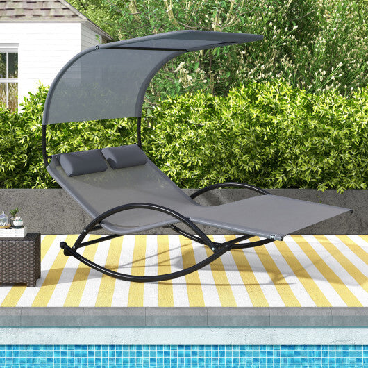 Outdoor Dual Rocker Sunbed 2-Person Canopied Patio Lounger with Detachable Headrests-Gray W2B