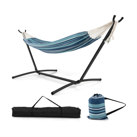 Portable Indoor Outdoor 2-Person Double Hammock Set with Stand and Carrying Cases-Blue W2B