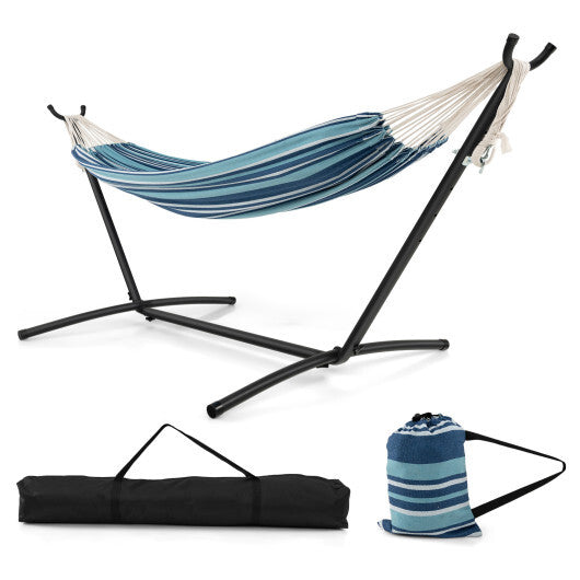 Portable Indoor Outdoor 2-Person Double Hammock Set with Stand and Carrying Cases-Blue W2B